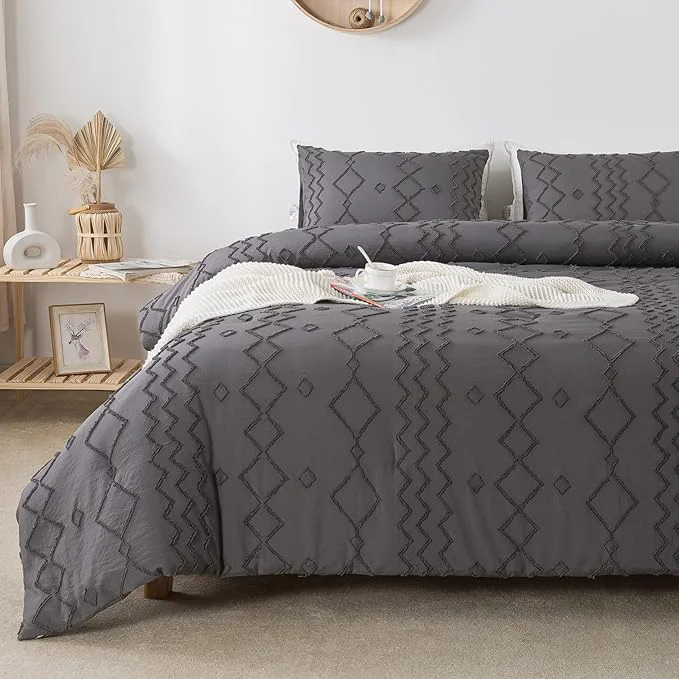 Solid Andency Dark Gray Tufted Comforter Set Queen 90x90Inch 3 Pieces 1 Tufts Comforter 2 Pillowcases Boho Textured Farmhouse Bed Microfiber Down Geometric Bedding Set Fast