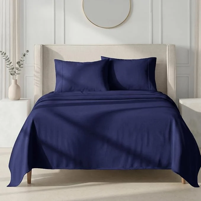 Expertly Made California Design Den King Sheets Deep Pocket Set - 1000 Thread Count Sateen Thick and Natural Cotton Bed Sheets for King Size Bed Durable Bedding Set - Navy Blue Detailed