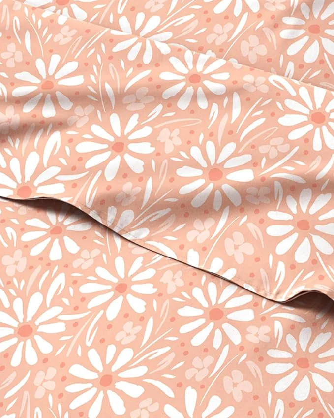 Environmentally Friendly Floral Sheets - Pink amp White Bed Sheet Set - 1 Flat 1 Fitted amp 2 Pillowcases w Deep Pockets - Comfy Cozy Wrinkle amp Fade - Boho Botanical Bedding - Soft Breathable amp Cooling - King Size Set Selected