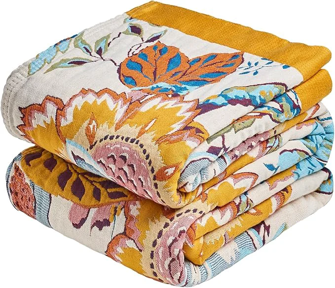 Natural MSGKV Boho Throw Blanket 90 quot x90 quot Floral Cotton Blanket for Bed Spring Breathable Lightweight Farmhouse Queen Blankets Home Decor Muslin All Seasons Optimized