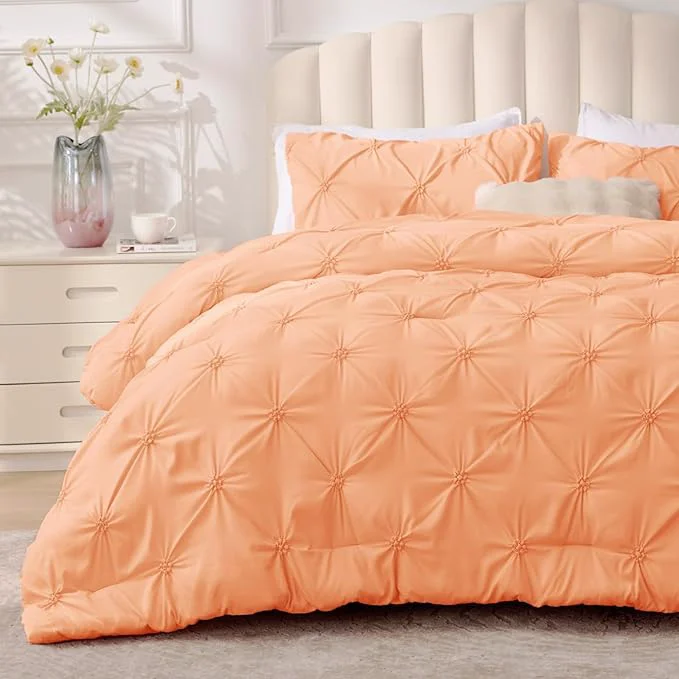 High-Grade BEDELITE Apricot King Size Comforter Set - 3 Pieces Boho Pintuck Bedding Comforter Sets Lightweight Soft amp Warm King Bedding Set with 2 Pillowcases for All Season Clean