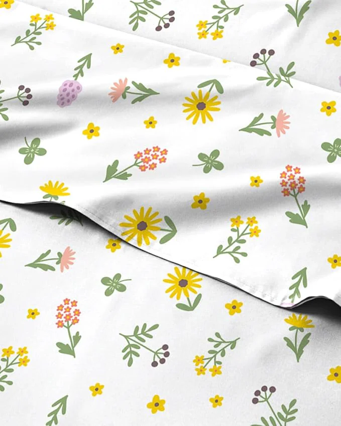Traditional Floral Sheets - Flower Print Bed Sheet Set - 1 Flat 1 Fitted amp 2 Pillowcases w Deep Pockets - Comfy Wrinkle amp Fade - Boho Botanical Bedding - Soft Breathable and Cooling - Cal King Size Set Reusable