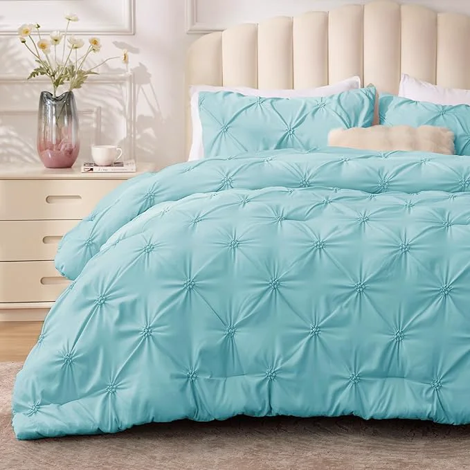 Flexible BEDELITE Macaron Blue Queen Comforter Set - 3 Pieces Boho Pintuck Bedding Comforter Sets Lightweight Soft amp Warm Bed Comforter Queen with 2 Pillowcases for All Season Safe