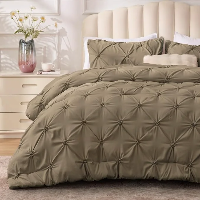 Sophisticated BEDELITE Light Brown King Size Comforter Set - 3 Pieces Boho Pintuck Bedding Comforter Sets Lightweight Soft amp Warm King Bedding Set with 2 Pillowcases for All Season Official