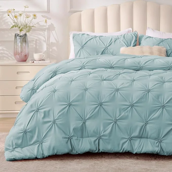 Detailed BEDELITE Dusty Blue Queen Comforter Set - 3 Pieces Boho Pintuck Bedding Comforter Sets Lightweight Soft amp Warm Bed Comforter Queen with 2 Pillowcases for All Season Outstanding