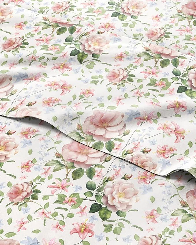 Modern Floral Sheets - Pink Floral Rose Bed Sheet Set - 1 Flat 1 Fitted amp 2 Pillowcases w Deep Pockets - Comfy Wrinkle amp Fade Boho Botanical Bedding - Ultra-Soft Breathable amp Cooling - Full Size New Specialty
