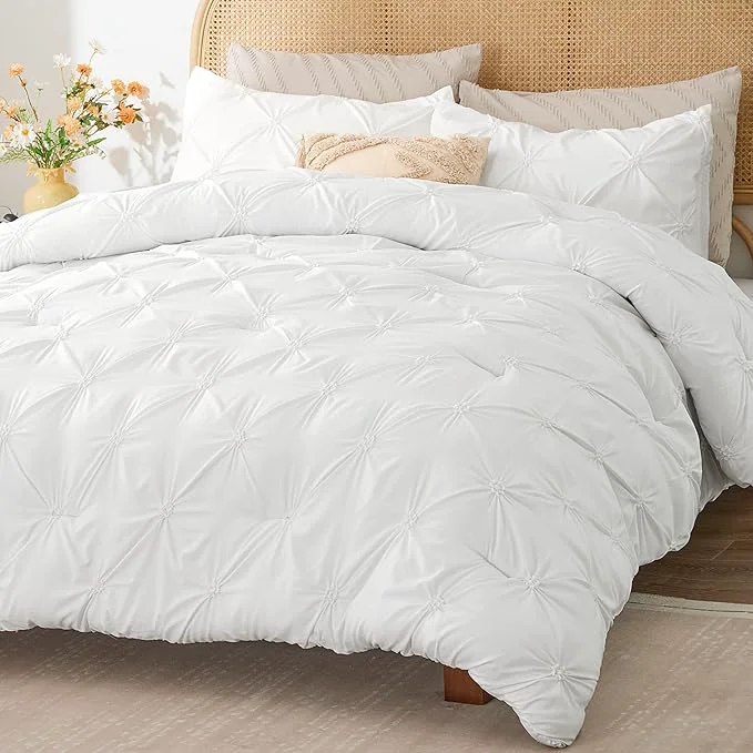 Functional BEDELITE White Twin Comforter Set - 2 Peices Boho Pintuck Bedding Comforter Sets Lightweight Soft amp Warm Twin Bedding Sets with 1 Pillowcase for All Season Natural