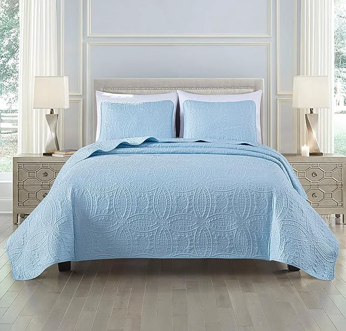 Original Chezmoi Collection Austin 3-Piece Oversized Bedspread Coverlet Set Queen Chambray Blue Oversized Lightweight Fade Resistant Artisan