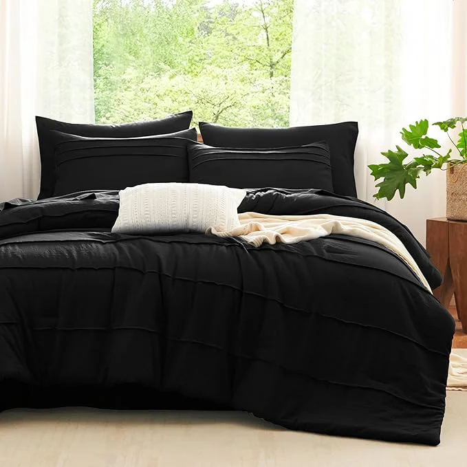 Artisan CozyLux Full Size Comforter Sets Black 7 Pieces Soft Pinch Pleat Bed in a Bag Full Comforter Set with Sheets Boho Bed Set with Down Comforter Sheets Pillowcases amp Shams Expertly Made