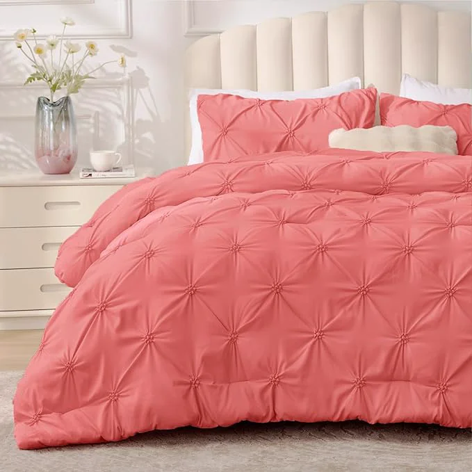 Elegant BEDELITE Coral Queen Comforter Set - 3 Pieces Boho Pintuck Bedding Comforter Sets Lightweight Soft amp Warm Bed Comforter Queen with 2 Pillowcases for All Season Smart