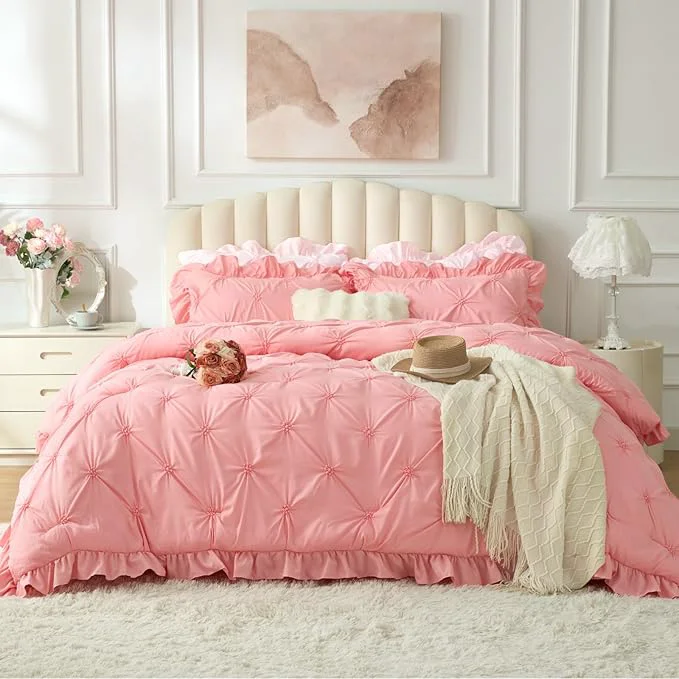 Green BEDELITE Pink Twin Comforter Set - 2 Peices Boho Ruffle Pintuck Bedding Comforter Sets Lightweight Soft amp Warm Twin Bedding Sets with 1 Pillowcase for All Season Exclusive