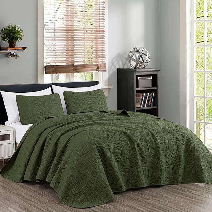 Refined Chezmoi Collection Austin 3-Piece Oversized Bedspread Coverlet Set Queen Cypress Green Oversized Lightweight Fade Resistant High-End