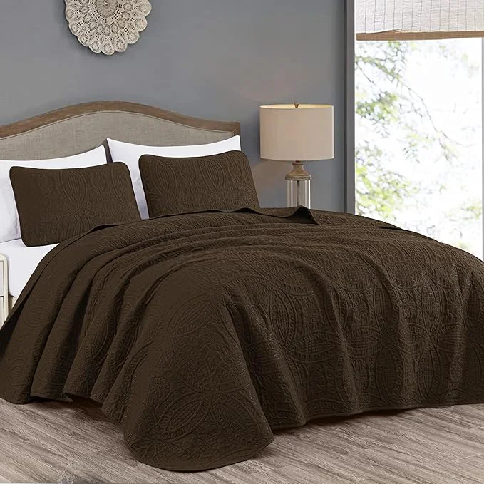 Optimized Chezmoi Collection Austin 3-piece Oversized Bedspread Coverlet Set Queen Chocolate Oversized Lightweight Fade Resistant Certified