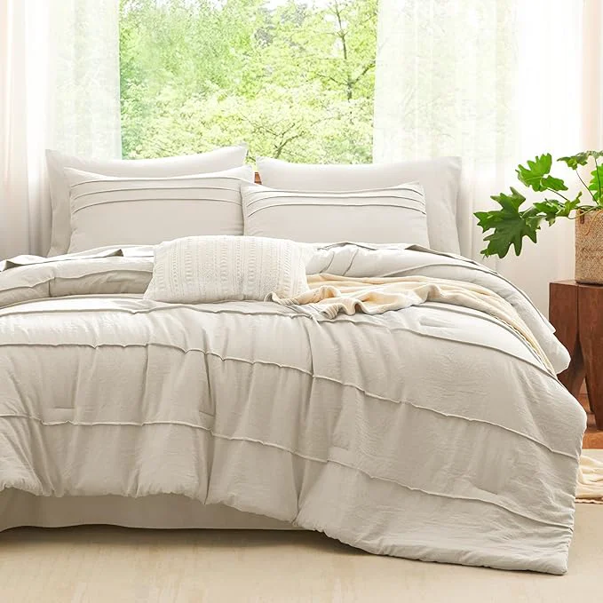 Contemporary CozyLux California King Comforter Set Beige 7 Pieces Pinch Pleat Bed in a Bag Cal King Comforter Set with Sheets Boho Bed Sets with Down Comforter Sheets Pillowcases amp Shams Verified