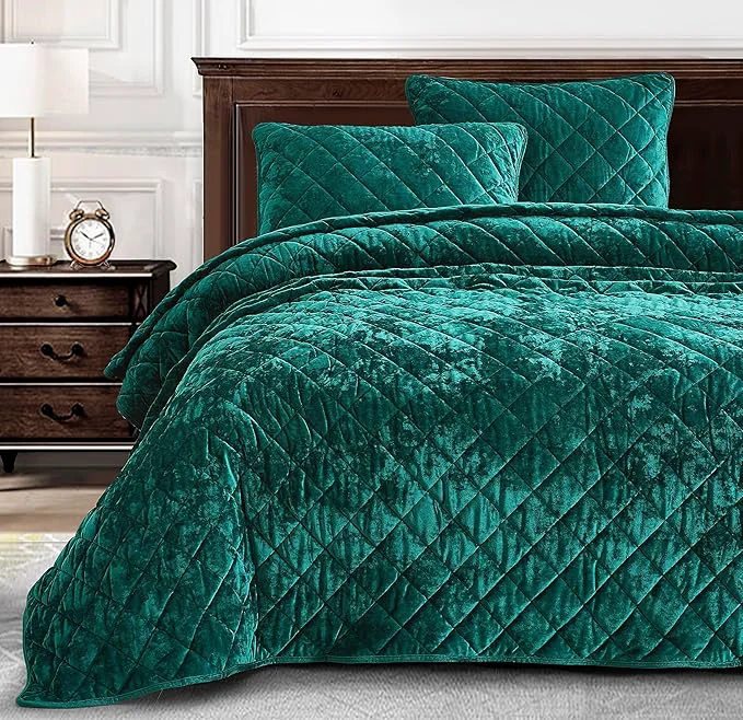 Authentic Chezmoi Collection Lux Emerald Green Velvet Quilt Queen Set 3-Piece Lush Plush Distressed Velvet Bedding All Season Lightweight Comforter Brushed Microfiber Reverse with Diamond Stitch Quilting Smart
