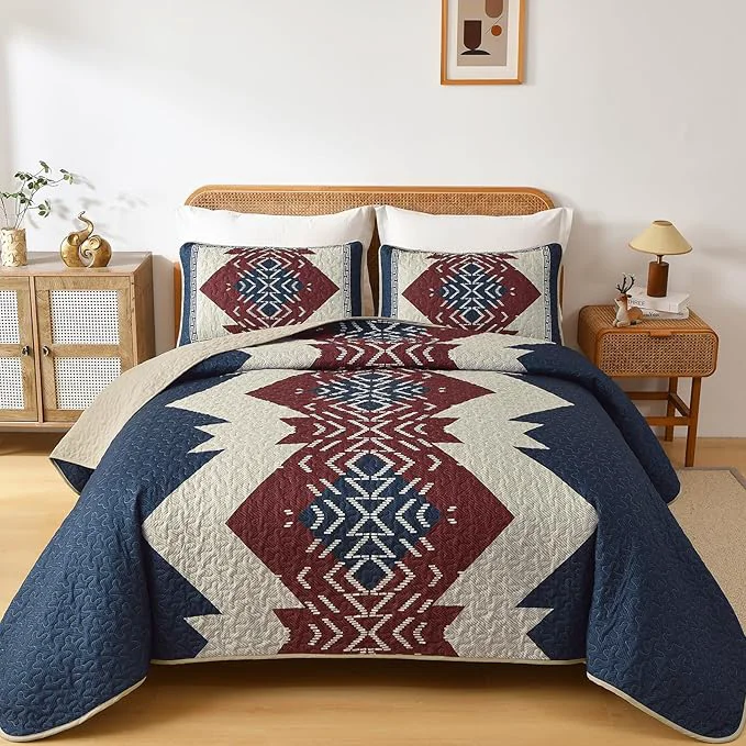 Luxury Dintszyayue Queen Quilt Set 3 Piece Boho Aztec Texture Bedspread Coverlet Set Blue and Red Quilt Reversible Lightweight Bedding Set Geometric Bohemian Bed Cover with 2 Pillowcases Blue Red 90 quot x96 quot Premium Material