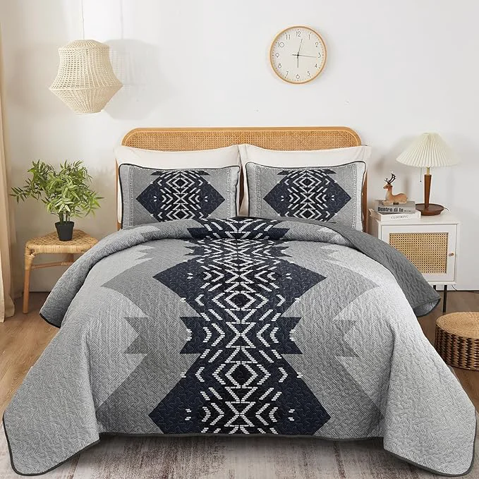 Classic Dintszyayue King Quilt Set Boho 3 Piece Navy Bedding Coverlet Set Aztec Texture Bedspread Soft Lightweight Quilted Coverlet Set Reversiber Microfiber Bed Cover for Season Navy 90 quot x103 quot Long-Lasting