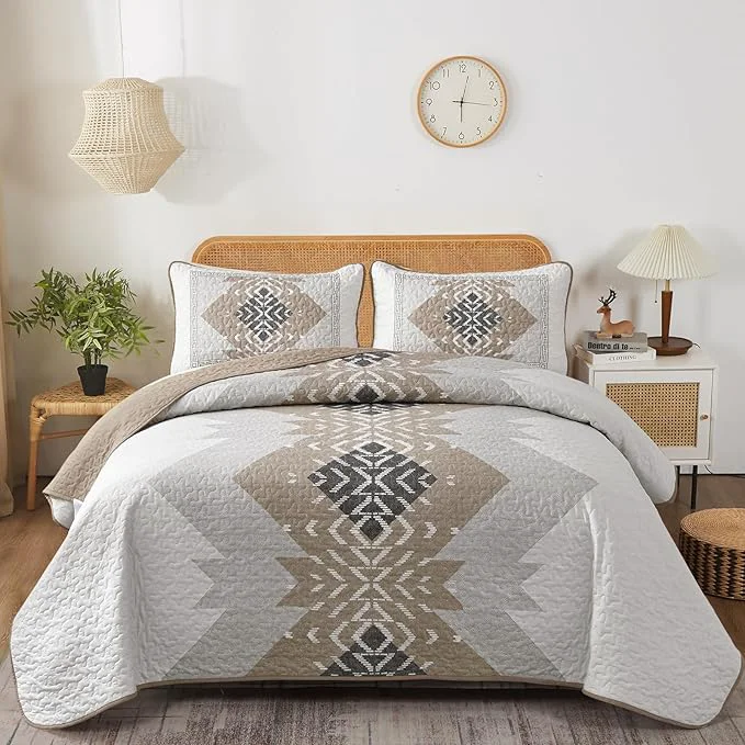High-Performance Dintszyayue Boho Quilt California King Size 3 Piece Aztec Texture Bedspread Coverlet Set Khaki Soft Quilt Set Lightweight Bedding Set Geometric Bohemian Bedspread with 2 Pillowcases Khaki 96 quot x112 quot Quality