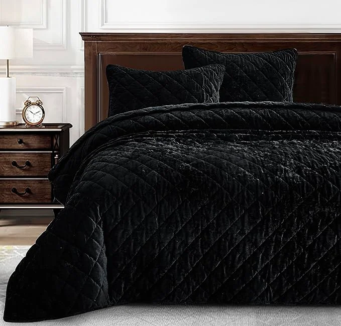 Effective Chezmoi Collection Lux Black Velvet Quilt King Set 3-Piece Lush Plush Distressed Velvet Bedding All Season Lightweight Comforter Brushed Microfiber Reverse with Diamond Stitch Quilting Reusable