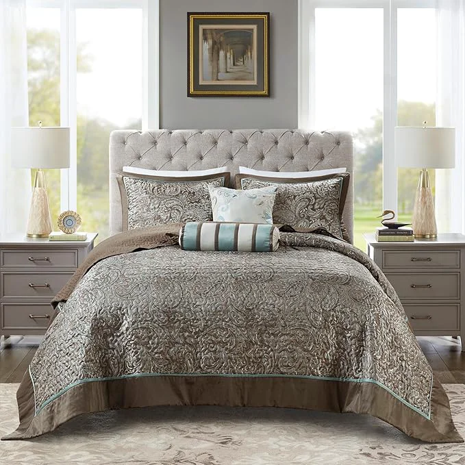Advanced Madison Park Aubrey Reversible Quilted Bedspread Set Solid Reverse Summer Breathable Lightweight All Season Bedding Layer Matching Shams Bedspread King 120 quot x118 quot Blue 5 Piece Smooth