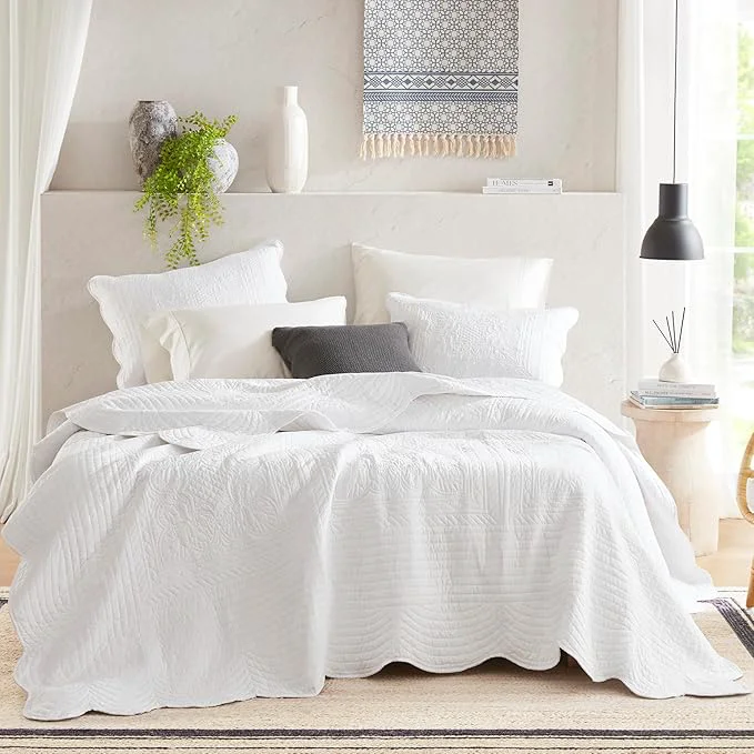 Certified Madison Park King Quilt Set Damask Coverlet Set for King Size Bed Cottage Oversized Quilt Set Scallop Edge All Season Pre-washed Cotton-Filled King Size Quilt Tuscany King Cal King White 3 Piece Efficient