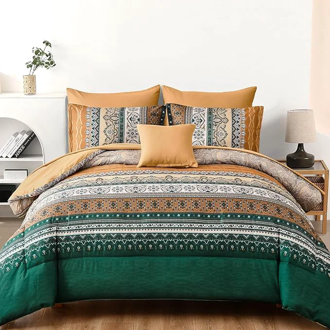 Easy-to-Use Cottolester Boho Comforter Set Full Size 8 Pieces Brown and Green Bohemian Striped Bed in a Bag Paisley Soft Microfiber Bedding Comforter Set High-Grade