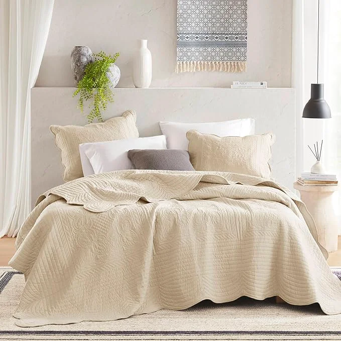 Professional Madison Park King Quilt Set Damask Coverlet Set for King Size Bed Cottage Oversized Quilt Set Scallop Edge All Season Pre-washed Cotton-Filled King Size Quilt Tuscany King Cal King Cream 3 Piece Comfortable