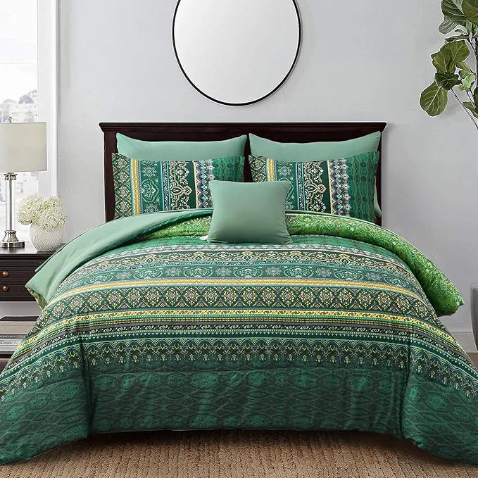 Easy-to-Use Boho Green Comforter Set King Size 8 Piece Bed in a Bag Bohemian Striped Bedding Quilt Set Dark Green Paisley Floral Comforter and Sheet Set Soft Microfiber Complete Bedding Sets for All Season Reusable