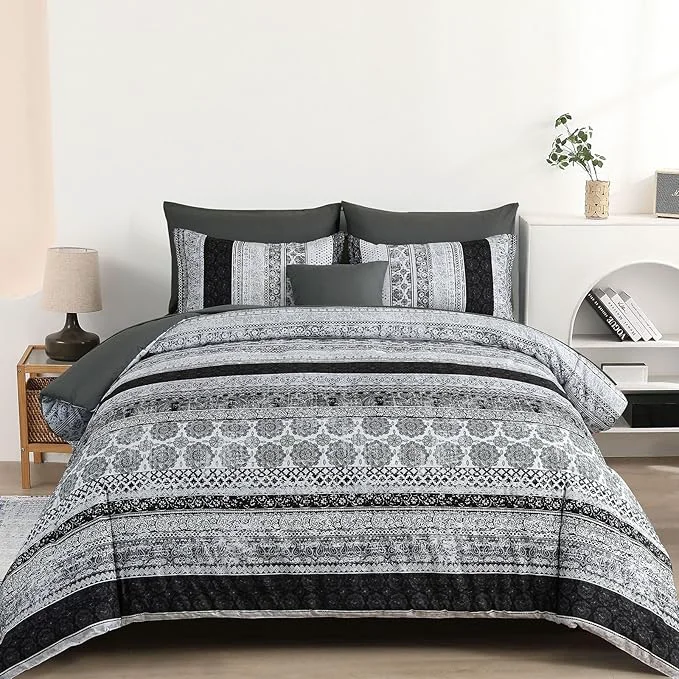 Reliable Cottolester Boho Queen Size Comforter Set 8 Pieces Gray Bohemian Striped Bed in a Bag Floral Soft Microfiber Bedding Comforter Set Trusted