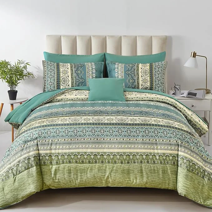 Selected Cottolester Boho Queen Comforter Set 8 Pieces Green Bohemian Comforter Paisley Striped Bed in A Bag Soft Microfiber Bedding Set for All Season Professional