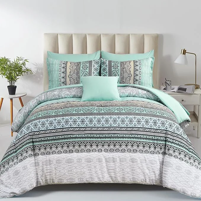 Luxury Cottolester Boho Comforter Set King Size 8 Piece Bed in a Bag Sage Green Paisley Comforter and Sheet Set Striped Bedding Set Soft Microfiber Complete Bedding Set Original Design