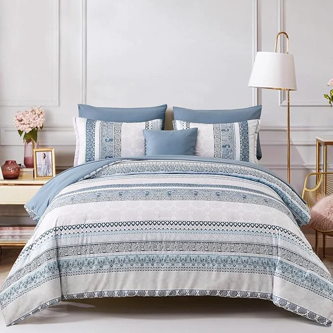 Top-Quality Cottolester Boho Comforter Set King Size Light Blue Comforter Set 8 Piece Bed in a Bag Striped Paisley Bedding Sets Luxury