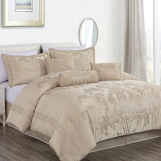 Powerful Chezmoi Collection Royale 7-Piece Jacquard Floral Comforter Set Queen Champagne Relaxed