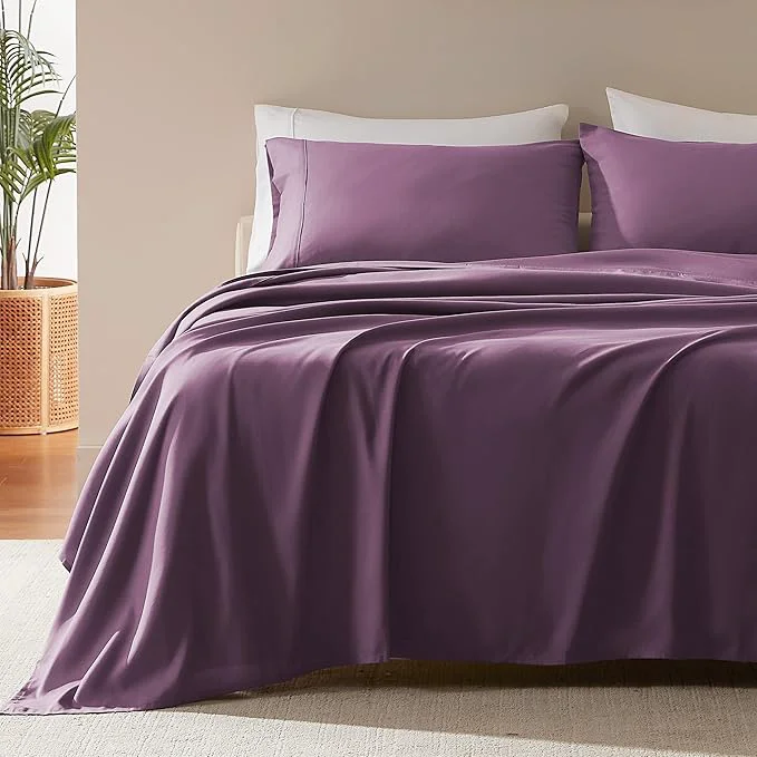 Long-Lasting SLEEP ZONE Nanotex Super Soft Cooling Queen Bed Sheets Set 4 Piece - Easy Care Fitted Flat Sheet amp Pillowcase Sets - Wrinkle Fade Resistant Deep Pocket 16 quot Purple Queen Expertly Made