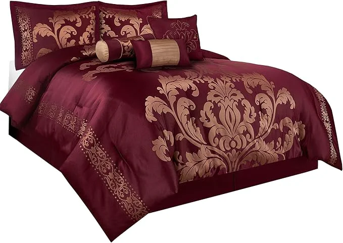 Elite Chezmoi Collection 7-Piece Jacquard Floral Comforter Set King Maroon Original Design
