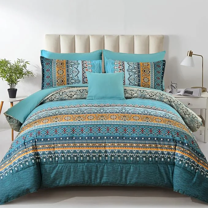 Pure Boho Full Comforter Set 8 Pieces Teal and Yellow Bohemian Comforter Paisley Striped Bed in A Bag Soft Microfiber Bedding Set for All Season Traditional