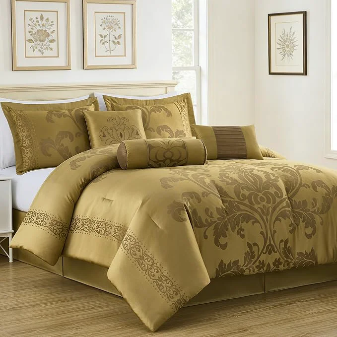 Breathable Chezmoi Collection Royale 7-Piece Jacquard Floral Comforter Set Oversized Queen Gold Verified
