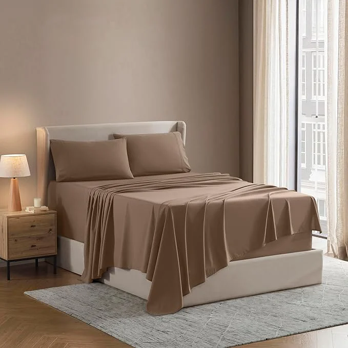 Sustainable Nestl California King Sheet Set - 1800 Ultra-Soft Microfiber Cal King Bed Sheets - Double Brushed - Deep Pockets - Easy Fit - 4 Piece Set - Bed Sheets California King Taupe Casual