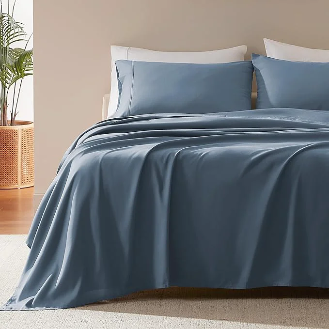 Eco-Friendly SLEEP ZONE Nanotex Super Soft Cooling Twin Bed Sheets Set for Kids 3 Piece - Easy Care Fitted Flat Sheet amp Pillowcase Sets - Wrinkle Fade Resistant Deep Pocket 16 quot Flint Blue Twin Carefully Designed