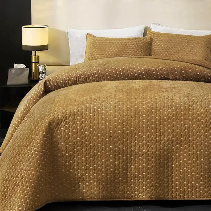 Premium Powdion Velvet Quilt King Size Bedspread Quilted Bedding Set Luxurious Soft Coverlet Set Lightweight Velvet Comforter with Pillow Shams Brown 96x106 Cross Stitch Striped Quilt Set Innovative