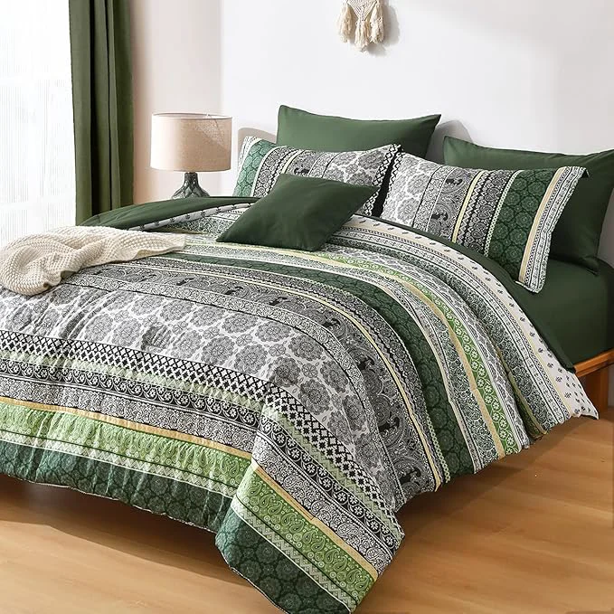 Healthy Cottolester Boho Comforter Set King Size 8 Pieces Dark Green Bohemian Striped Bed in a Bag Paisley Soft Microfiber Bedding Comforter Set Functional