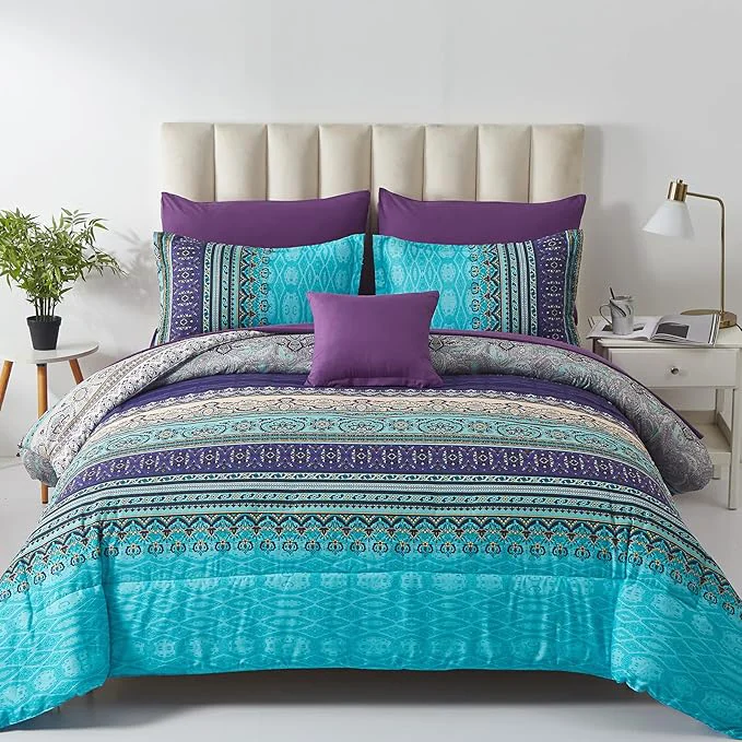 Proven Cottolester Boho Comforter Set Queen Size 8 Piece Bed in a Bag Bohemian Striped Bedding Quilt Set Aqua Paisley Floral Comforter and Sheet Set Soft Microfiber Complete Bedding Sets for All Season First-Class