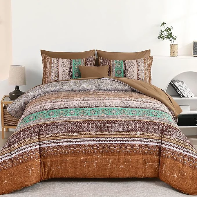 Exceptional Boho King Size Comforter Set 8 Pieces Brown Bohemian Striped Bed in a Bag Paisley Soft Microfiber Bedding Comforter Set Contemporary