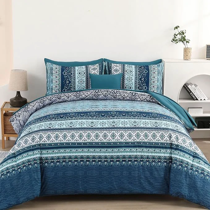 Sustainable Cottolester Boho Blue Comforter Set Queen Size 8 Pieces Teal Blue Comforter Bohemian Striped Bed in A Bag Soft Microfiber Bedding Set for All Seasons Top-Quality