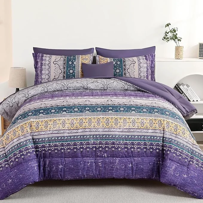 Easy-to-Use Cottolester Boho Full Comforter Set 8 Pieces Violet Bohemian Striped Bed in a Bag Paisley Soft Microfiber Bedding Comforter Set Efficient