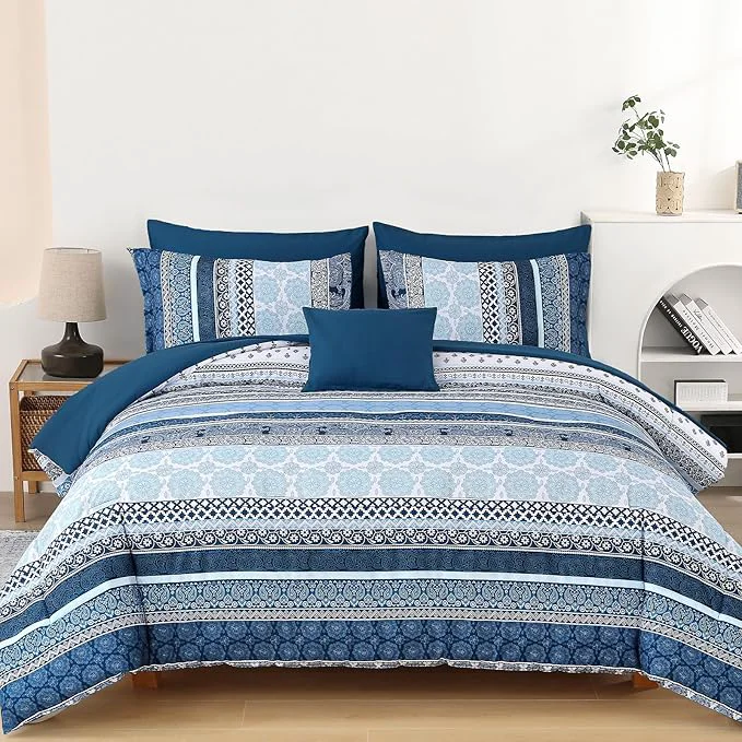 Outstanding Boho Comforter Set Full Size 8 Pieces Navy Blue Bohemian Striped Bed in a Bag Paisley Soft Microfiber Bedding Comforter Set Trusted