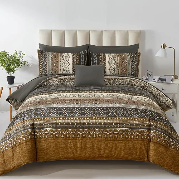 Easy-to-Use Cottolester Boho Comforter Set California King Size 8 Pieces Brown Black Bohemian Comforter Paisley Striped Bed in A Bag Soft Microfiber Bedding Set for All Season Luxury