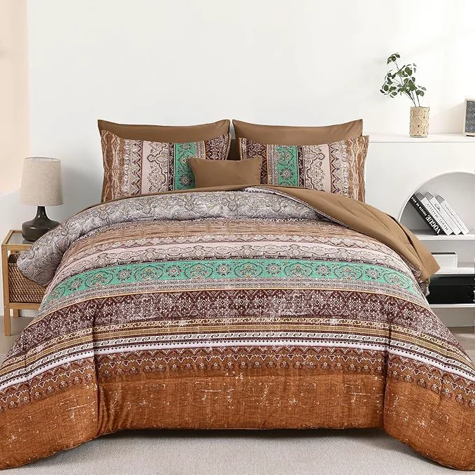 Breathable Cottolester Boho Comforter Set Full Size 8 Pieces Brown Bohemian Striped Bed in a Bag Paisley Soft Microfiber Bedding Comforter Set Refined