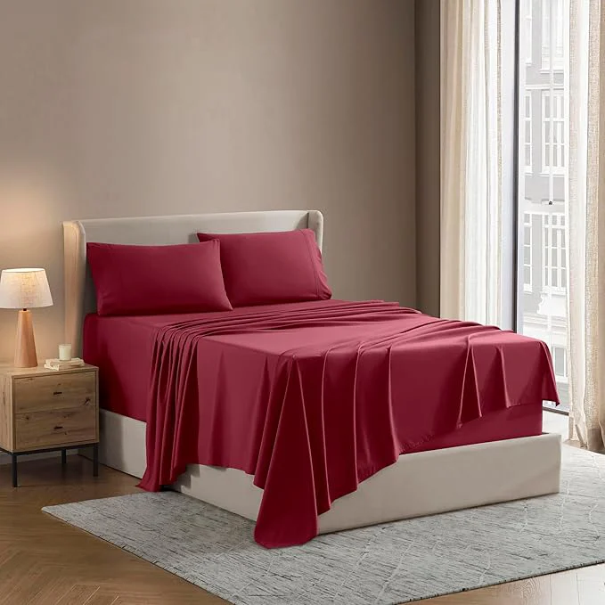 Versatile Nestl Split King Sheet Set - 1800 Ultra-Soft Microfiber Bed Sheets - Double Brushed - Deep Pockets - Easy Fit - 5 Piece Set - Bed Sheets amp Pillowcases Split King Size Burgundy Red Reusable