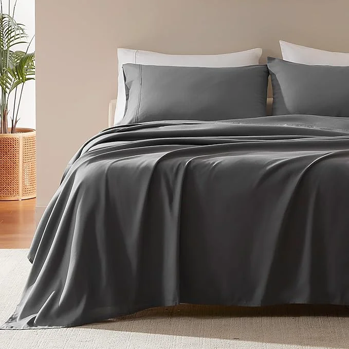 Smooth SLEEP ZONE Nanotex Super Soft Cooling Queen Bed Sheets Set 4 Piece - Easy Care Fitted Flat Sheet amp Pillowcase Sets - Wrinkle Fade Resistant Deep Pocket 16 quot Gray Queen Luxury